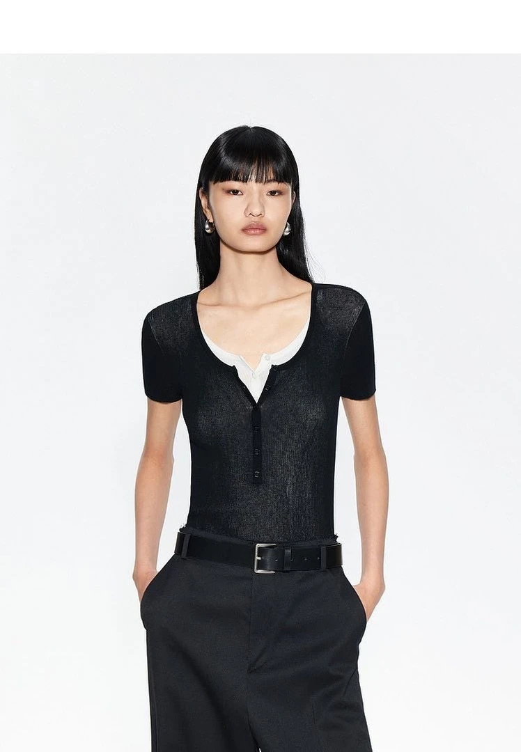 2025春夏品牌支丝绵法式半开襟针织衫气质显瘦修身百搭轻薄短袖