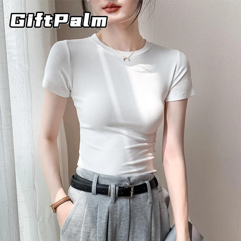 GiftPalm白色短袖T恤女夏季修身正肩圆领半袖莱赛尔天丝垂感上衣