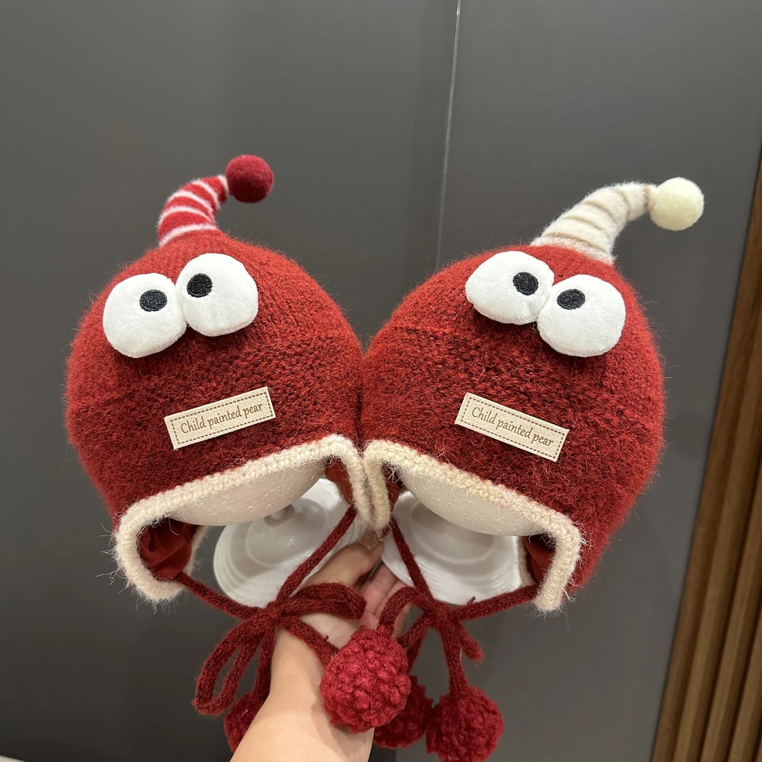 【安哥拉红】儿童护耳帽秋冬红色新年男女孩毛线加厚宝宝保暖套头帽