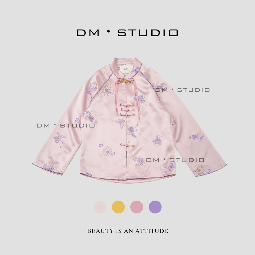 DM•STUDIO/新中式国风重工仙鹤蝴蝶刺绣盘扣衬衣（c380806）