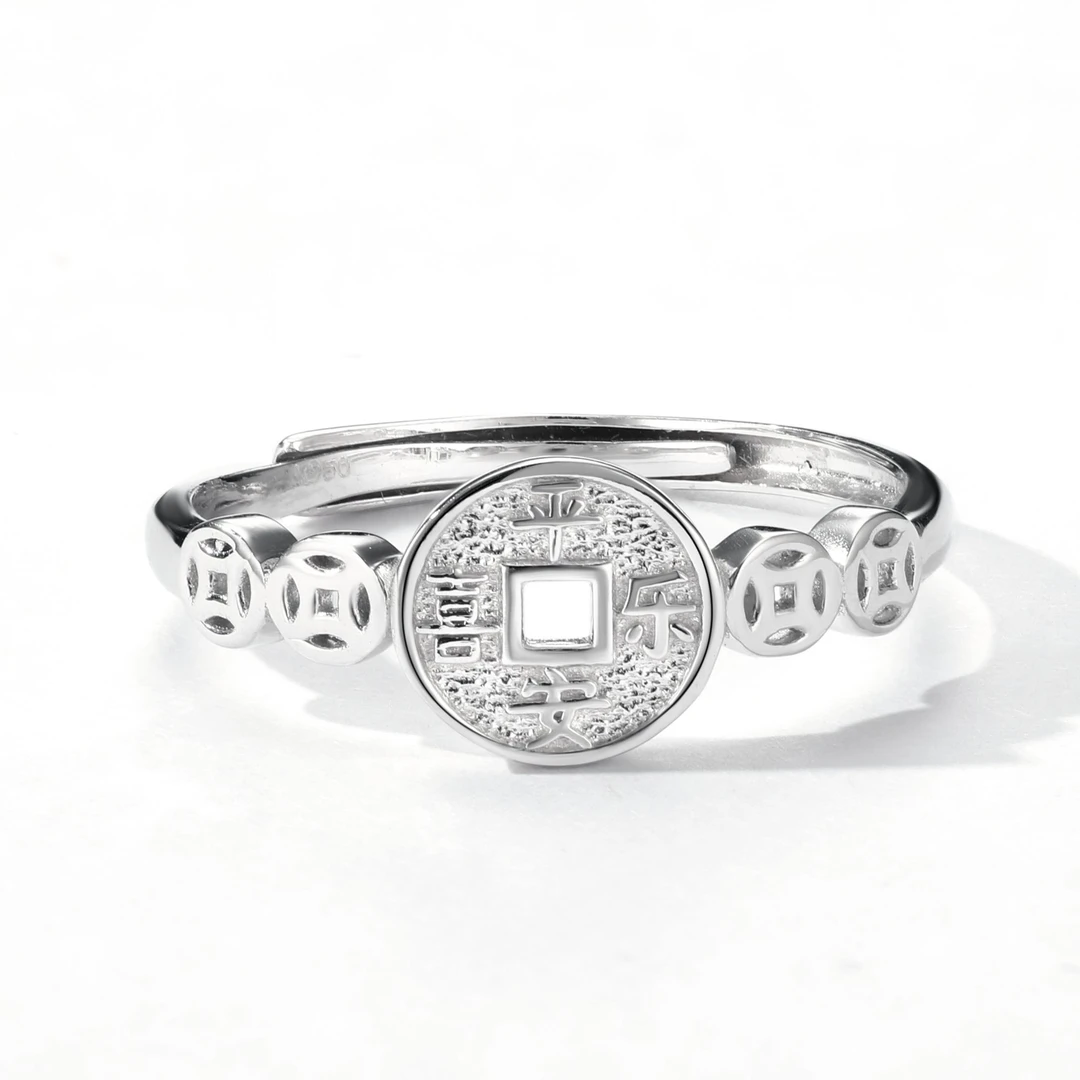 铂星珠宝Pt950平安喜乐钱币铂金戒指女可调节复古简约气质开口