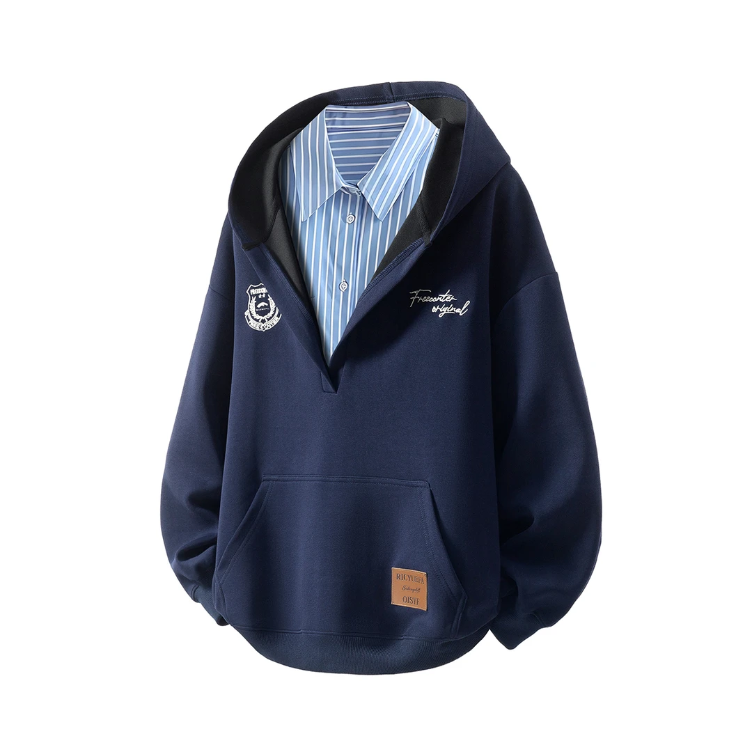 字母套头连帽格子免烫长袖卫衣男宽松上衣薄款卫衣衬衫领假两件