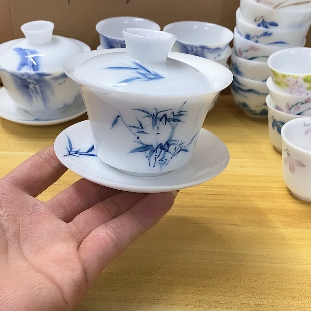 冰种玉瓷手绘盖碗（瑕）150