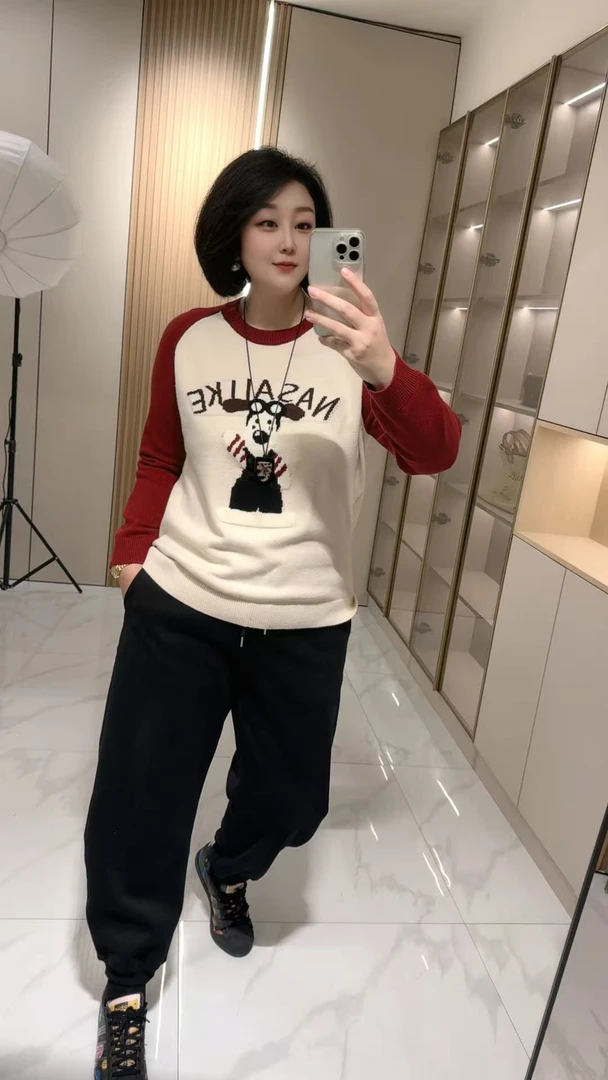 【聪姐推荐】8612新款减龄拼色卡通图案圆领针织衫(衣长69,胸围120)