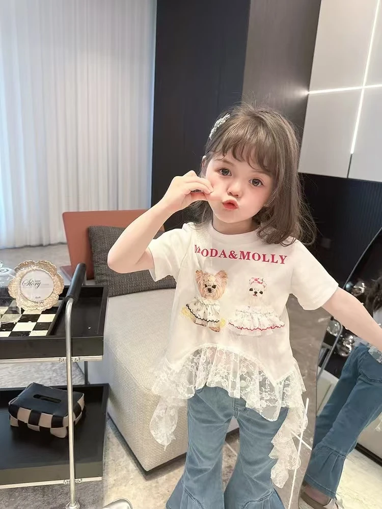 童装女童2025新款夏季卡通小狗蕾丝飘带短袖小女孩韩版洋气棉T恤