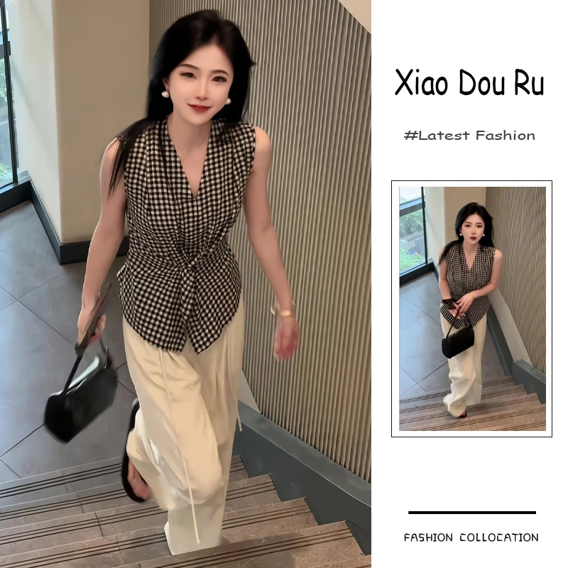 夏季流行穿搭一整套新款2025韩系御姐风无袖格子上衣阔腿裤两件套
