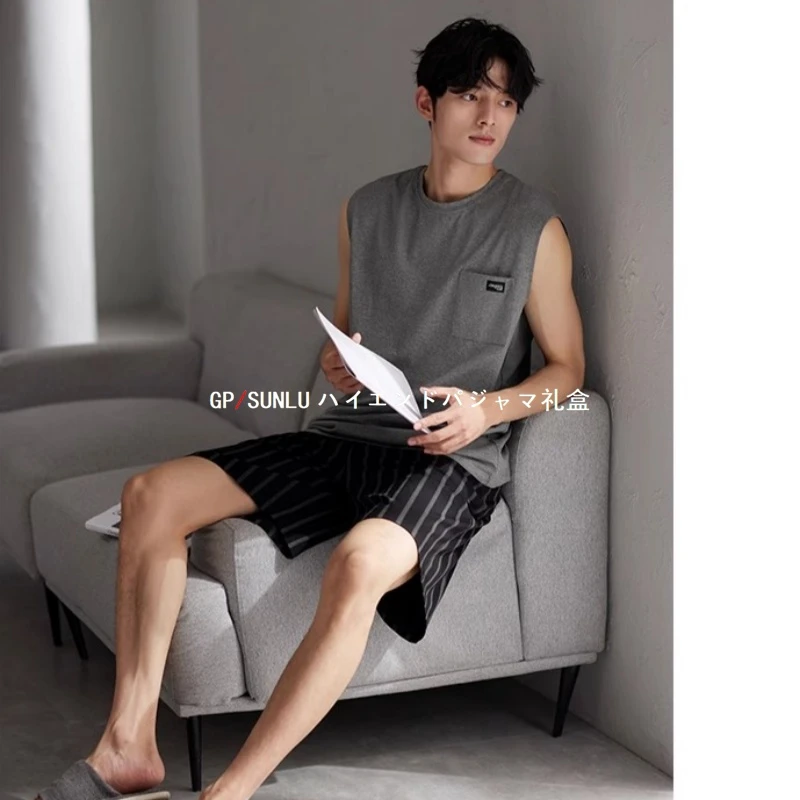 gpsunlu睡衣男士夏季无袖背心短裤纯棉男款休闲套装家居服可外穿