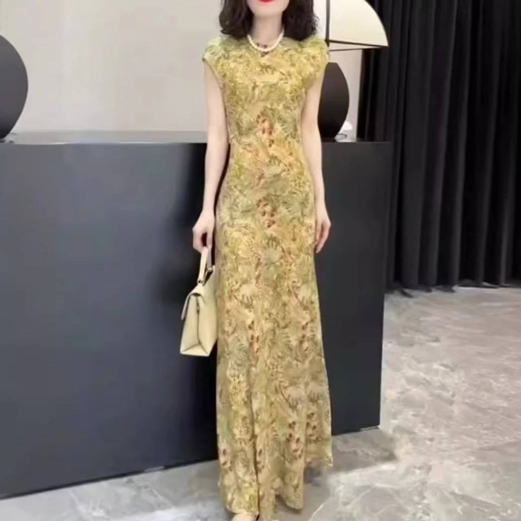 新款减龄复古印花连衣裙包袖洋气百搭精品女装