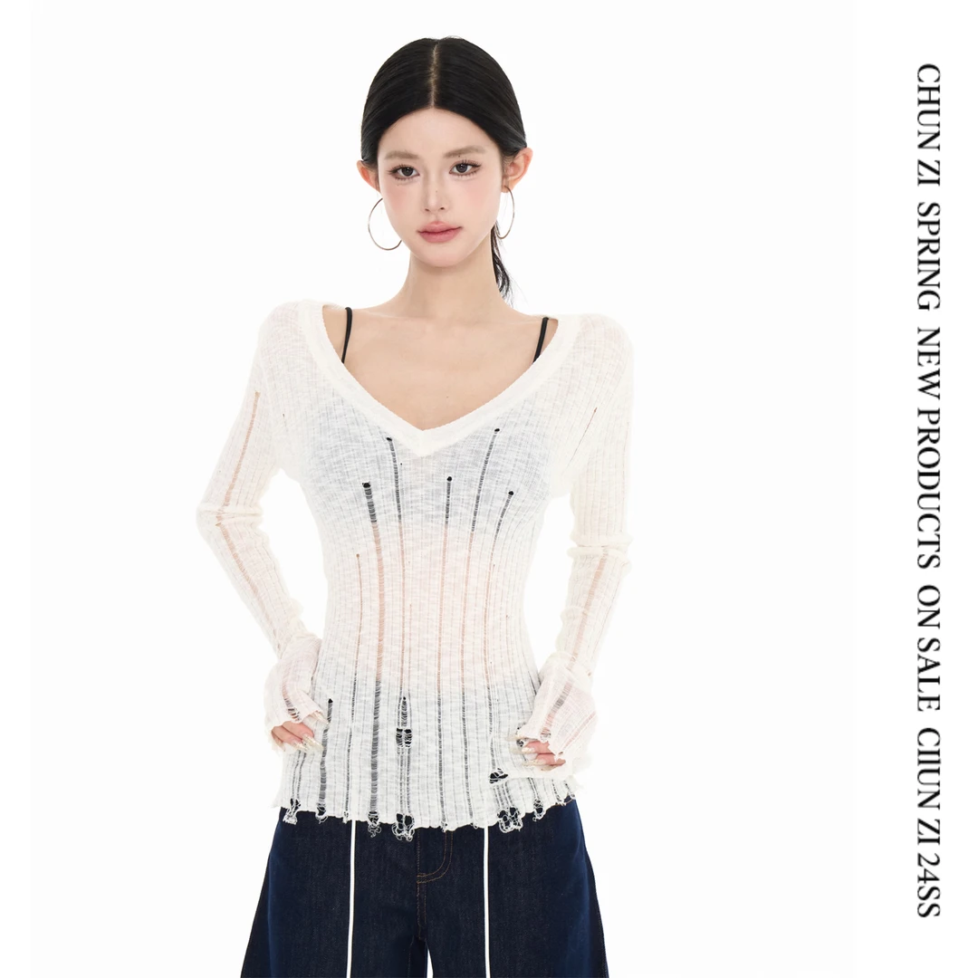 【CHUN ZI】心机小镂空慵懒v领薄罩衫破洞收腰毛针织衫长袖上衣