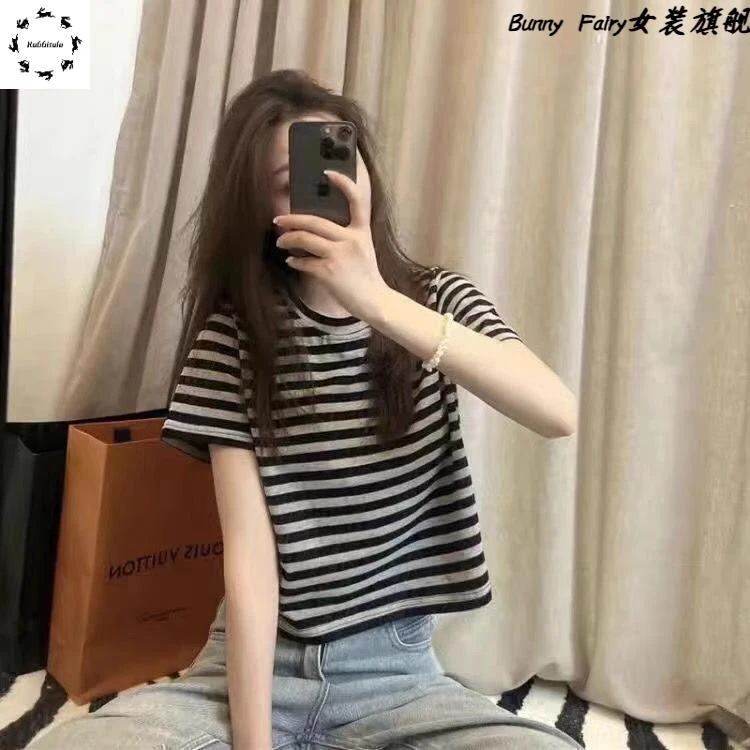 条纹正肩短袖t恤女夏季2025年新款小个子纯棉黑灰色短款半袖上衣