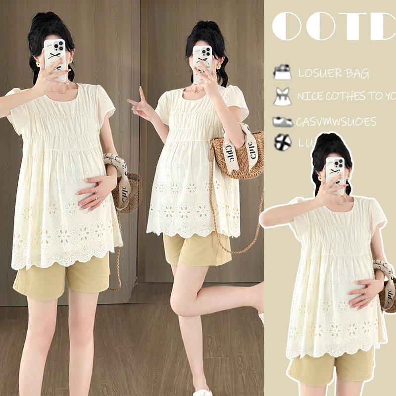 孕妇衬衫夏季时尚宽松显瘦气质甜美百搭绣花短袖衬衫＋托腹短裤套