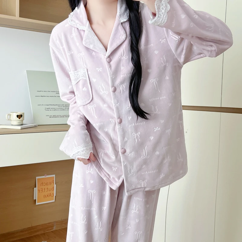 秋冬季睡衣女保暖海岛绒甜美轻奢蕾丝花边冬天加厚加绒家居服套装