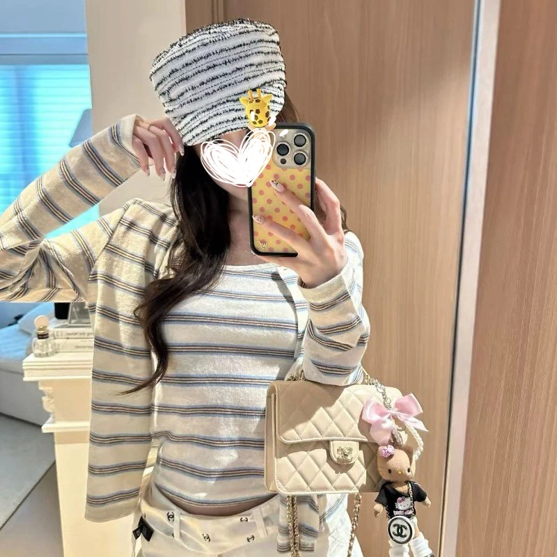 条纹撞色吊带长袖开衫两件套早秋新款洋气针织内搭外穿套装上衣女