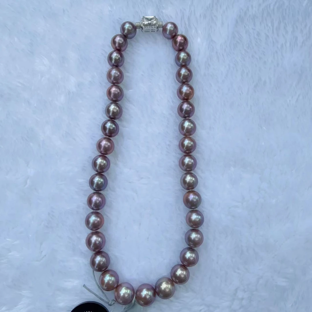 【船长甄选】915 S925银淡水（戴安娜）梦幻炫彩紫 项链 12-14mm