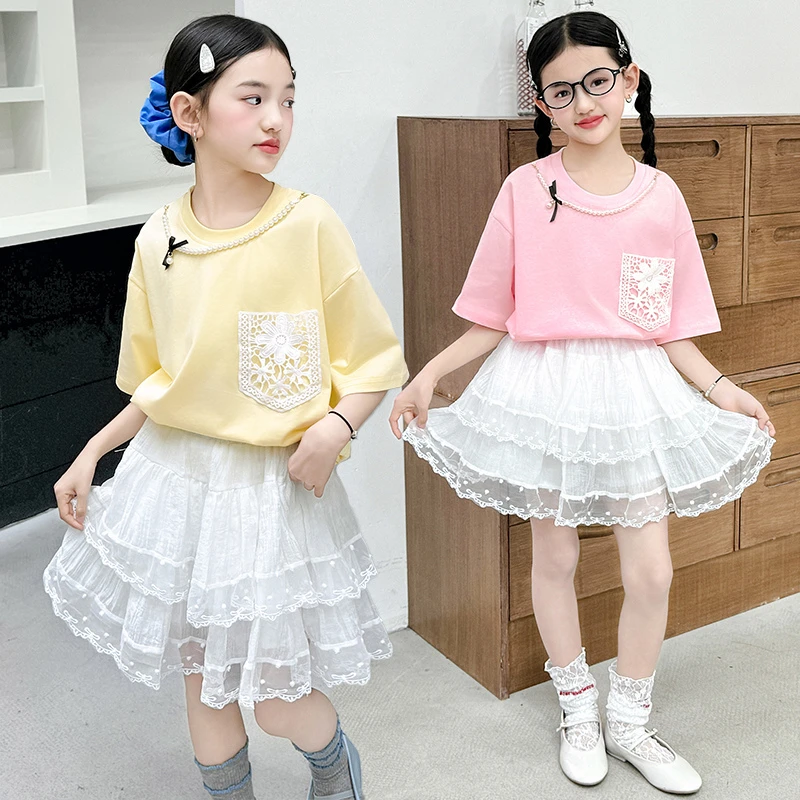 女童套装夏季2025新款韩版儿童洋气短袖T恤女孩甜美时尚蕾丝短裙