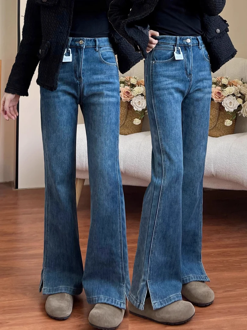 高腰弹力微喇牛仔裤女微胖妹妹MM大码遮胯显瘦小个子百搭直筒长裤