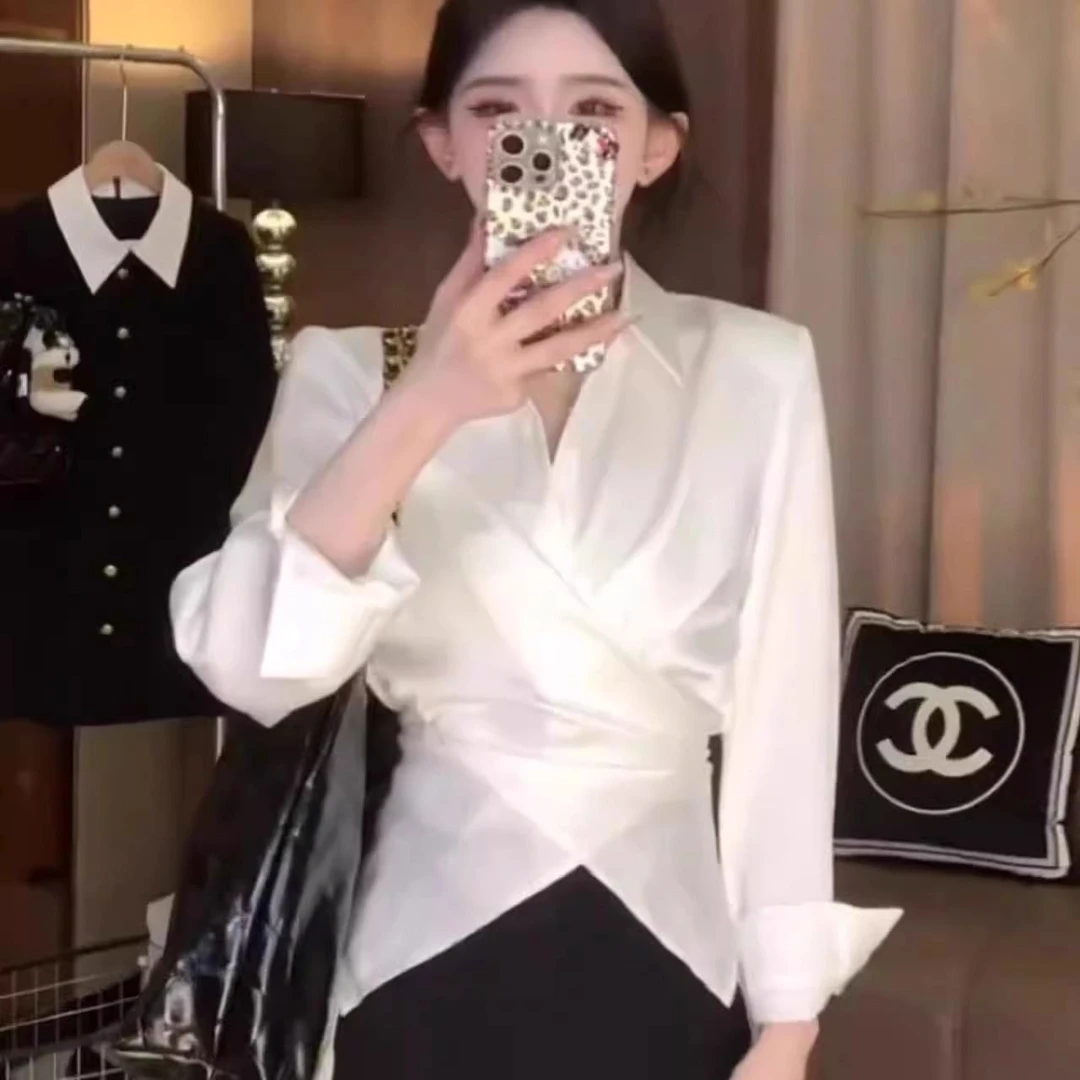 韩版御姐范长袖交叉收腰衬衫女2025新款洋气时尚气质衬衣别致上衣