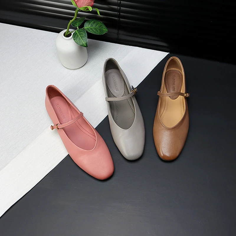 单鞋平底鞋浅口休闲风玛丽珍百搭复古风平底方头奶奶鞋真皮女士