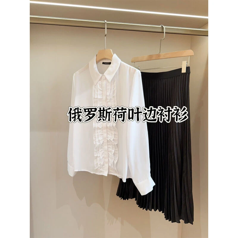 俄罗斯单  褶皱装饰纯色长袖衬衫女