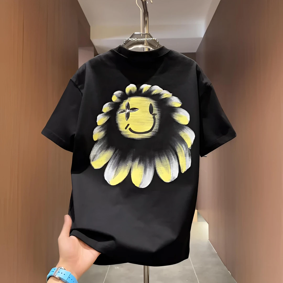 笑脸花朵潮牌艺术涂鸦纯棉短袖手绘重工休闲短袖T恤印花圆领上衣