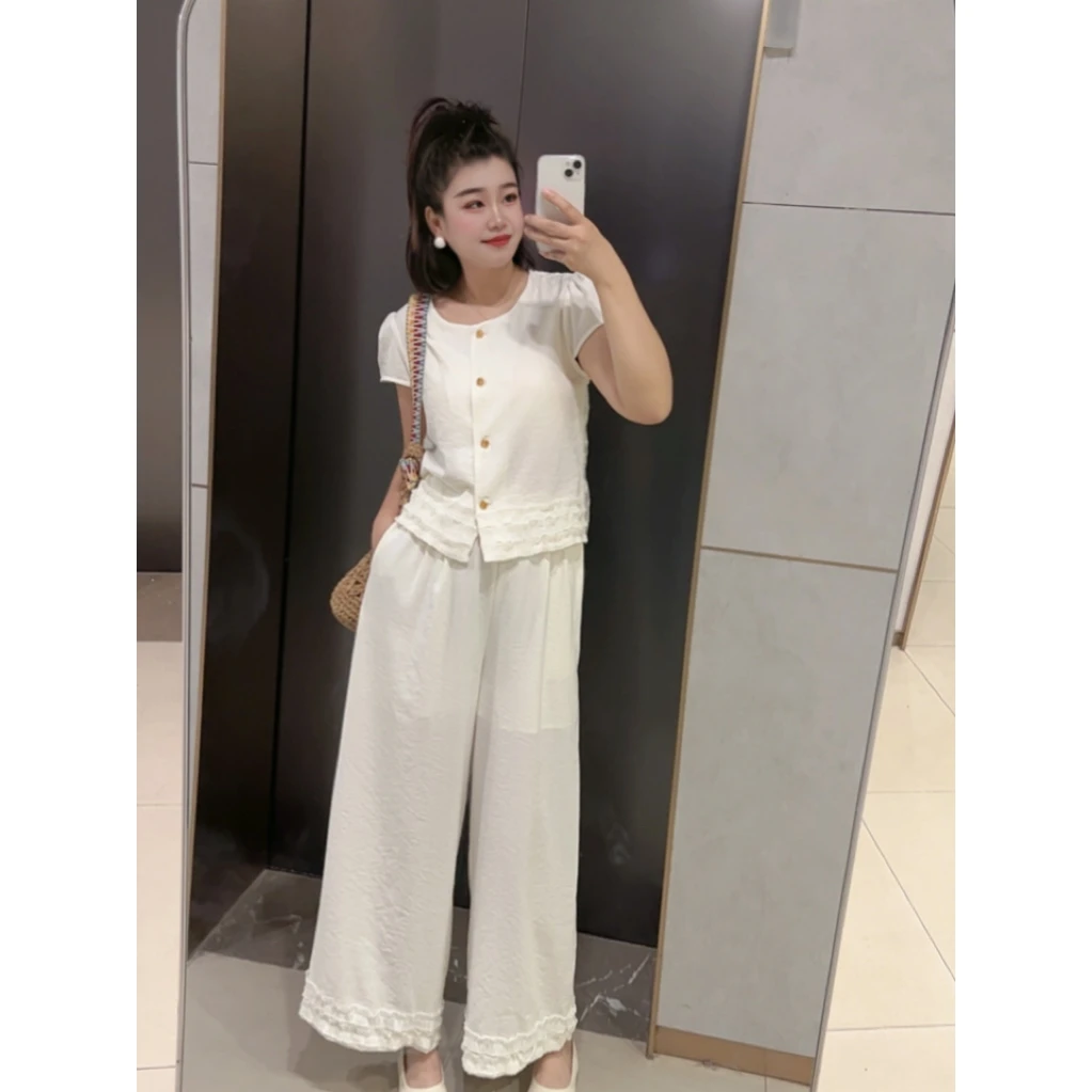 【蜜蜜家】夏季新款花边设计感上衣+松紧腰直筒裤两件套