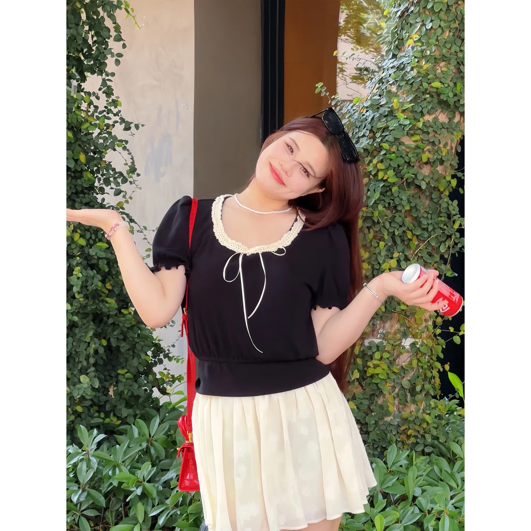 我是你的cc阿 波罗的海~胖mm圆领短袖上衣女夏季修身设计显瘦T恤