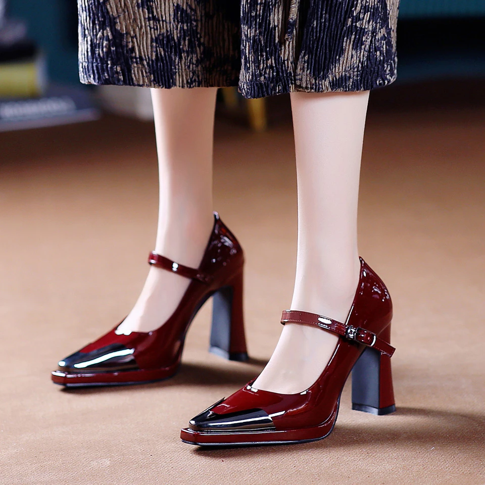 8CM[已经开价]金属方头高跟鞋2025春季新款漆皮粗跟单鞋女6770-6