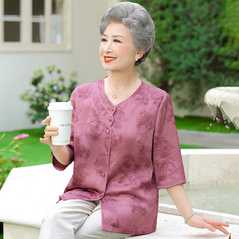 妈妈装夏装衬衫女中老年人洋气新中式妈妈中年高档衣服新款上衣