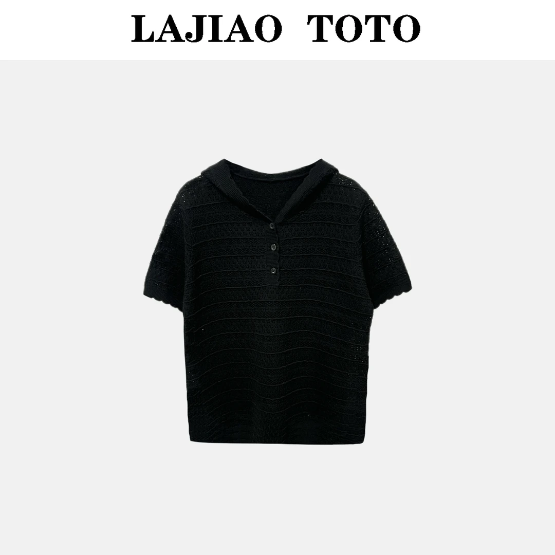 LAJIAO TOTO【翻领镂空】简约百搭外穿休闲舒适女透气短袖T恤#5058