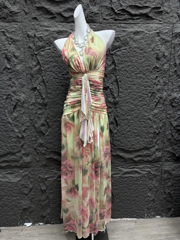 南法气质挂脖露背度假风高级日落碎花沙滩长裙