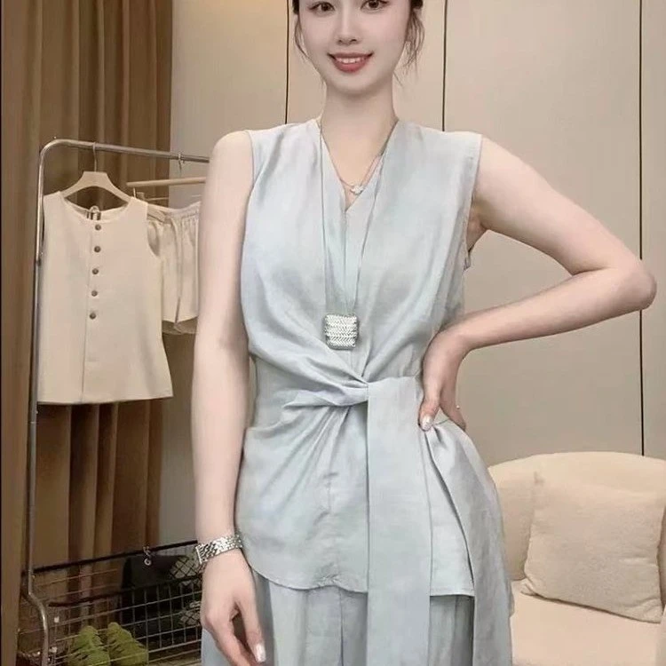 两件套2025夏季新款欧货轻熟风V领无袖打结上衣阔腿裤洋气套装女