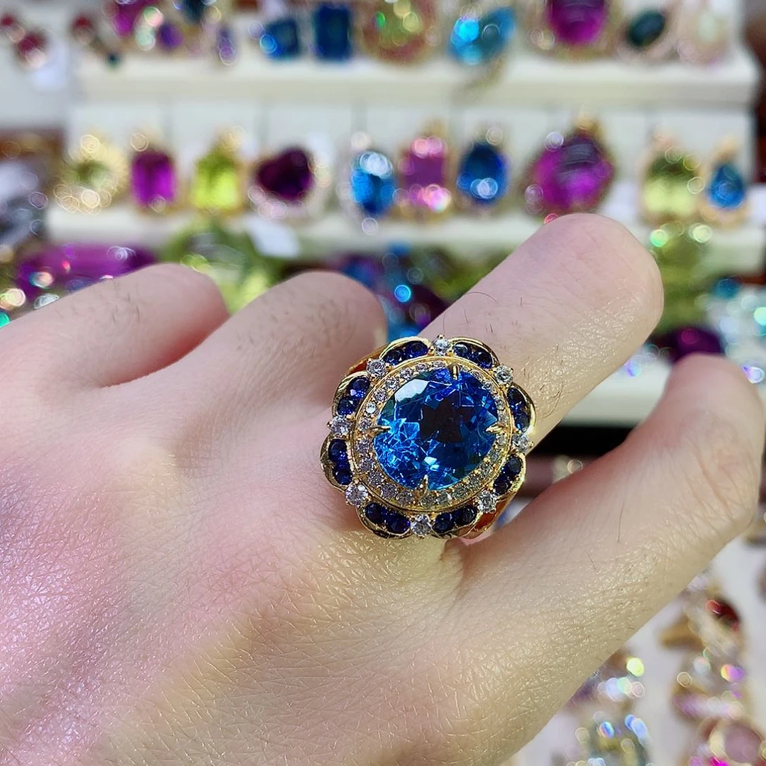 托帕石戒指银S925镀金镶嵌