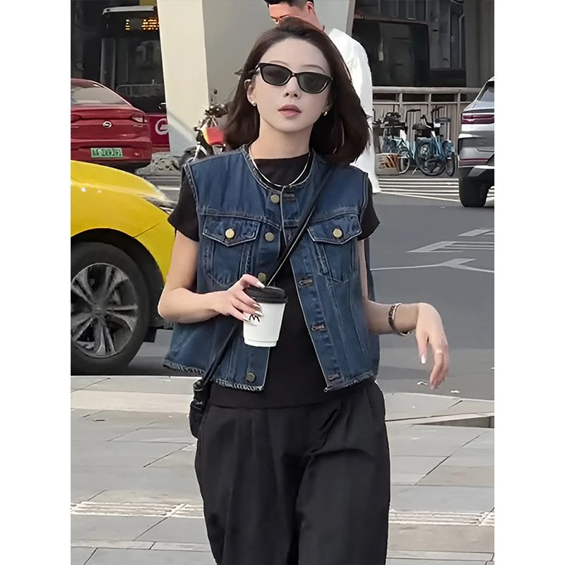 复古蓝色短款无袖背心牛仔外套女2025新款早春宽松小个子叠穿上衣