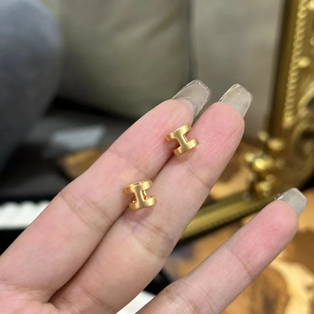 铜合金耳饰  哑光金色H字母耳钉-4162
