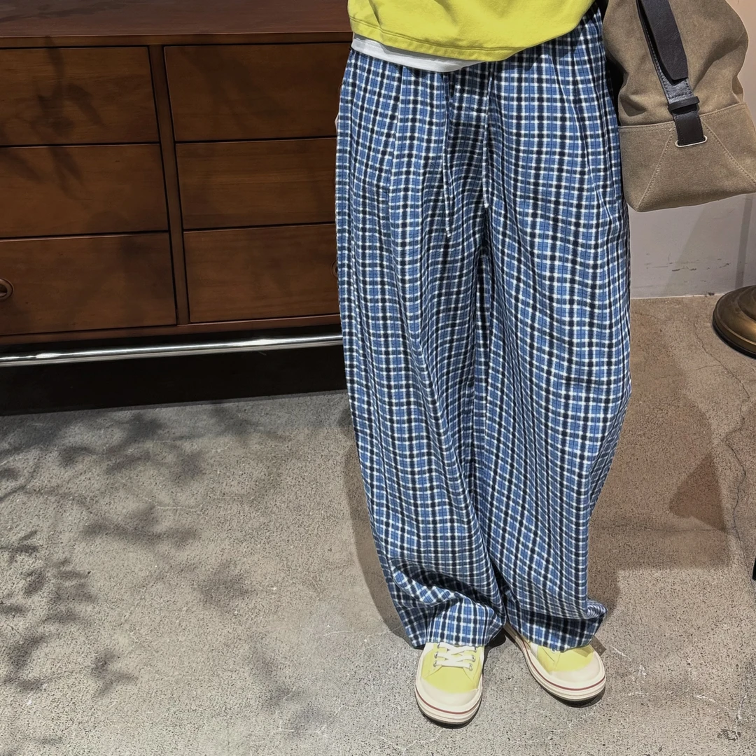 韩系夏季时尚百搭宽松气质蓝色松紧格纹休闲长裤-J25212306