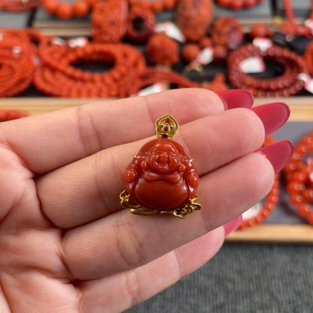 南红玛瑙18K金镶嵌吊坠(不含链)保山南红佛公