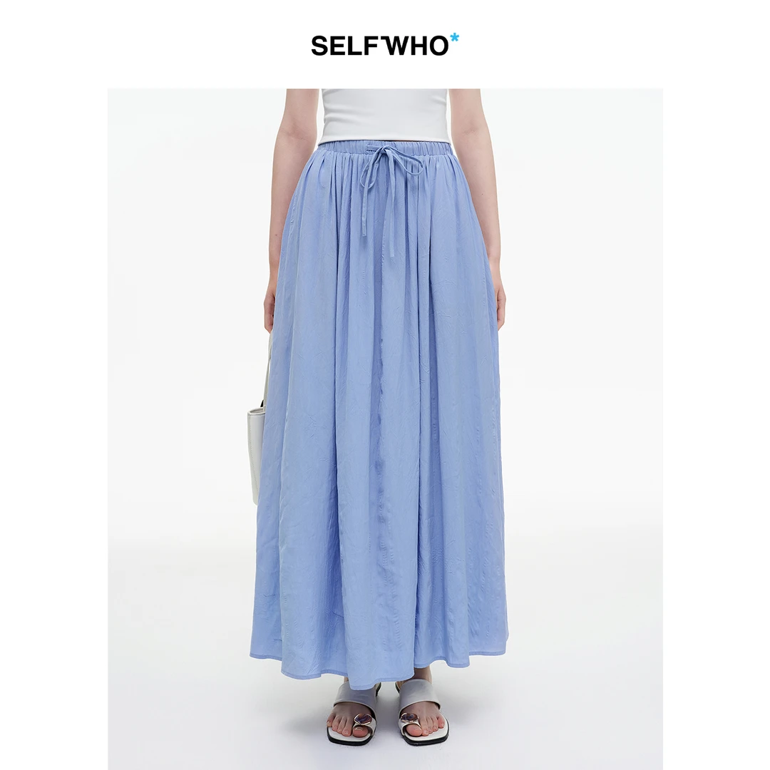 SELFWHO醋酯混纺不规则压褶抽绳半身裙女2025秋新款宽松A摆百褶裙