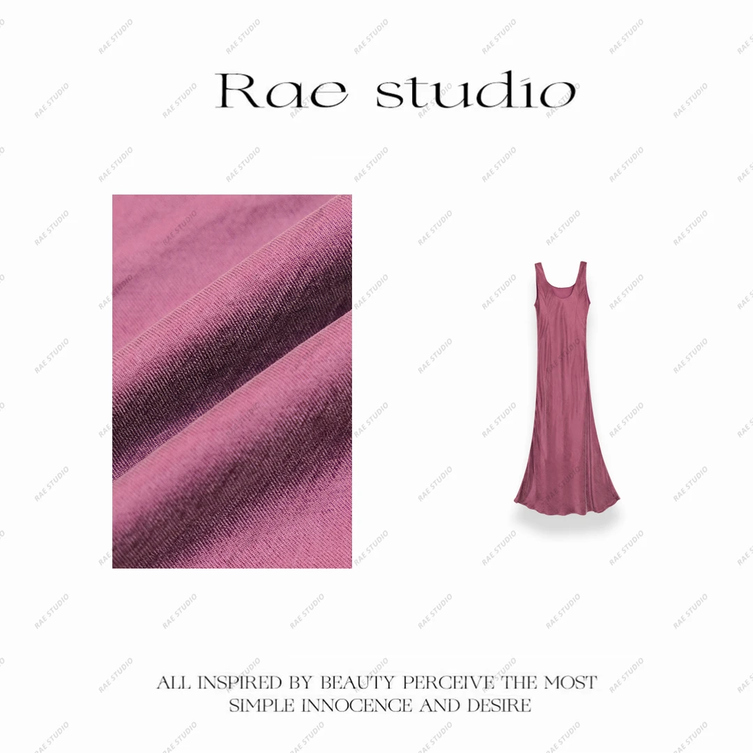 【Rae】复古法式铜氨丝气质u领无袖背心收腰显瘦连衣裙 r466