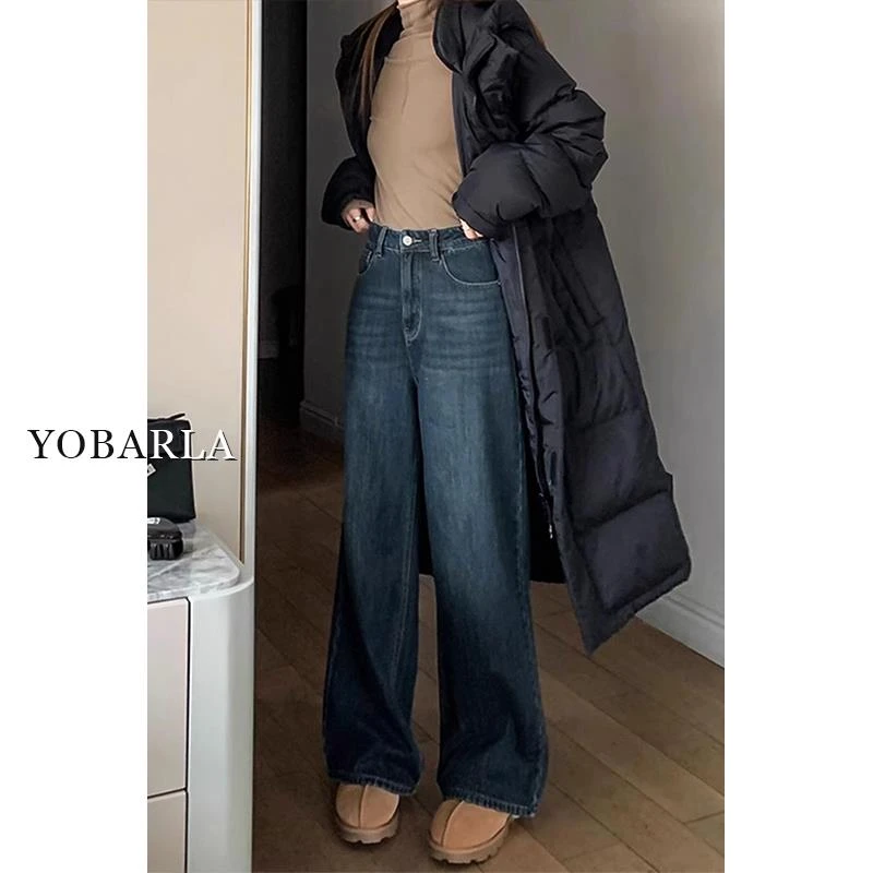 蓝灰色直筒牛仔裤女秋季新款大尺码梨形身材胖高腰宽松显瘦阔腿裤