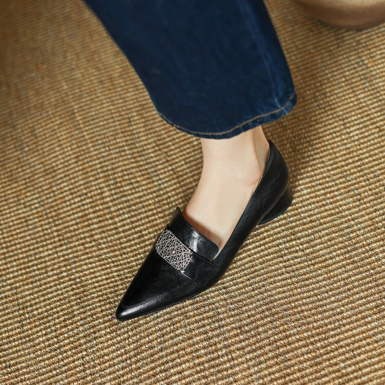 里外纯皮~3cm羊皮低跟乐福鞋时尚百搭复古法式粗跟黑色尖头单鞋女