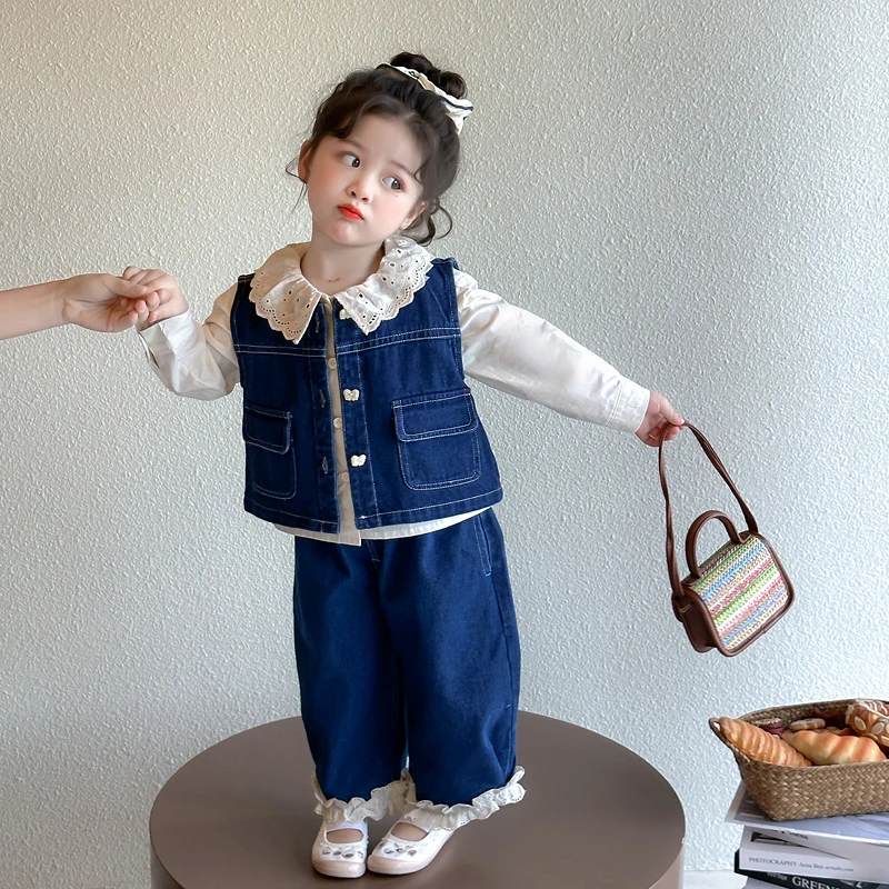 儿童新款套装春秋季洋气网红2025小女孩牛仔三件套女宝宝炸街春装
