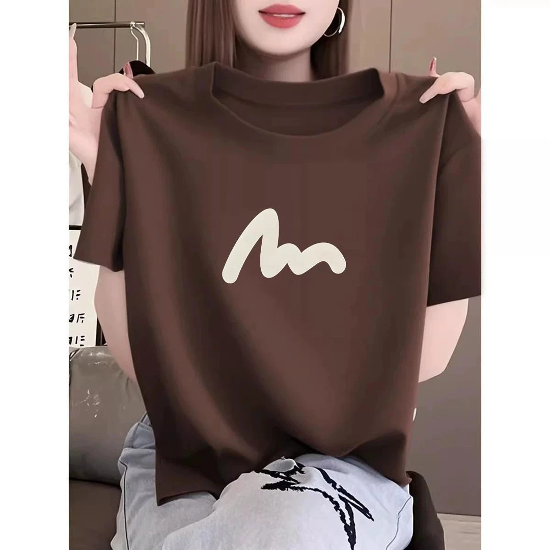 2025夏季纯棉薄款咖啡色正肩圆领短袖T恤女休闲百搭上衣基础款