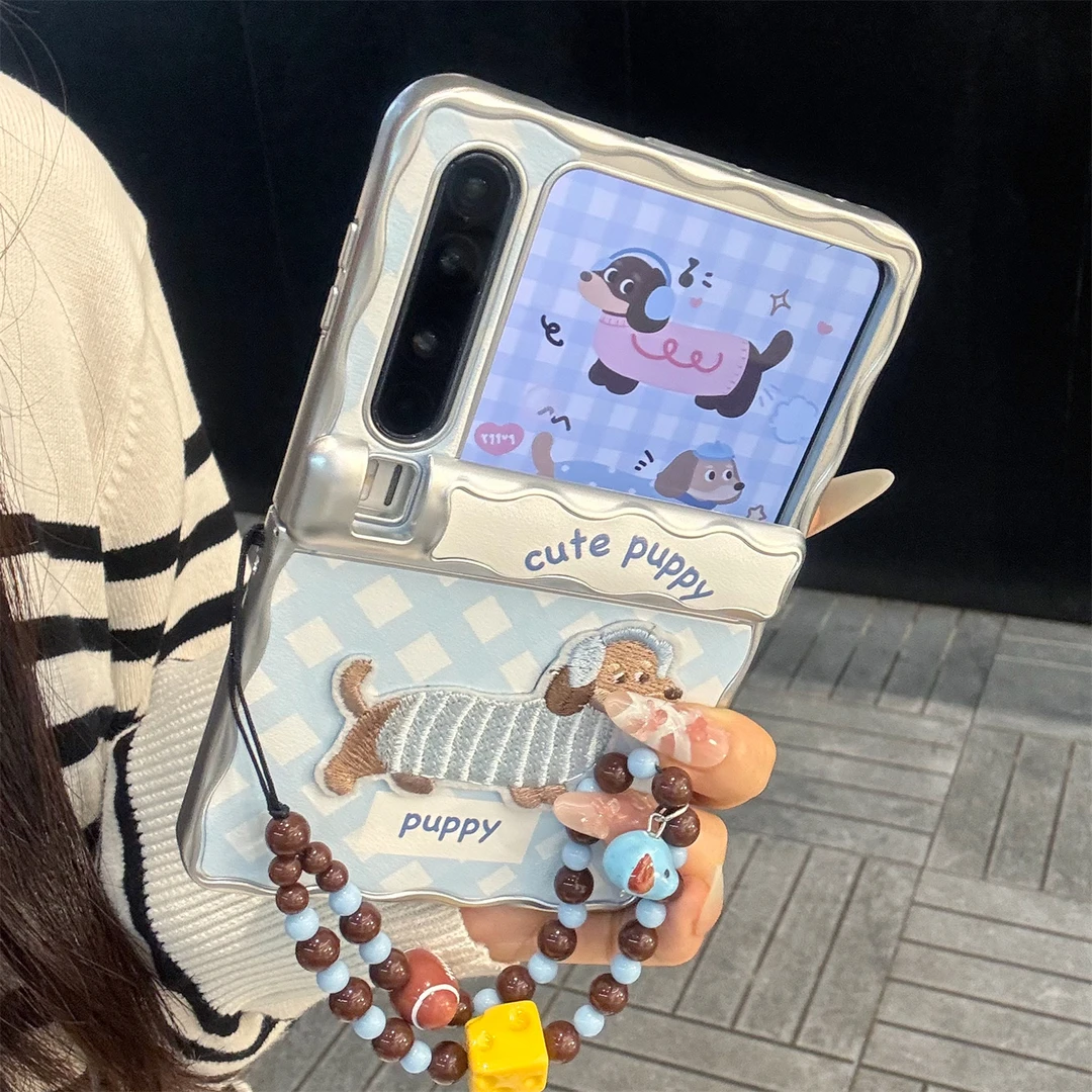 适用华为purax典藏版折叠屏手机壳PuraX蓝白皮质格纹刺绣狗狗链条