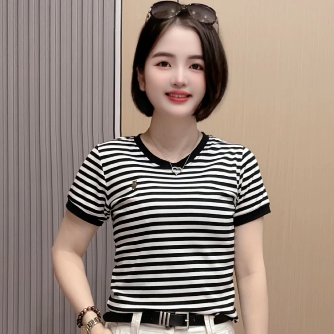 李米米圆领烫钻小熊修身时尚百搭休闲短袖T恤条纹衫女076