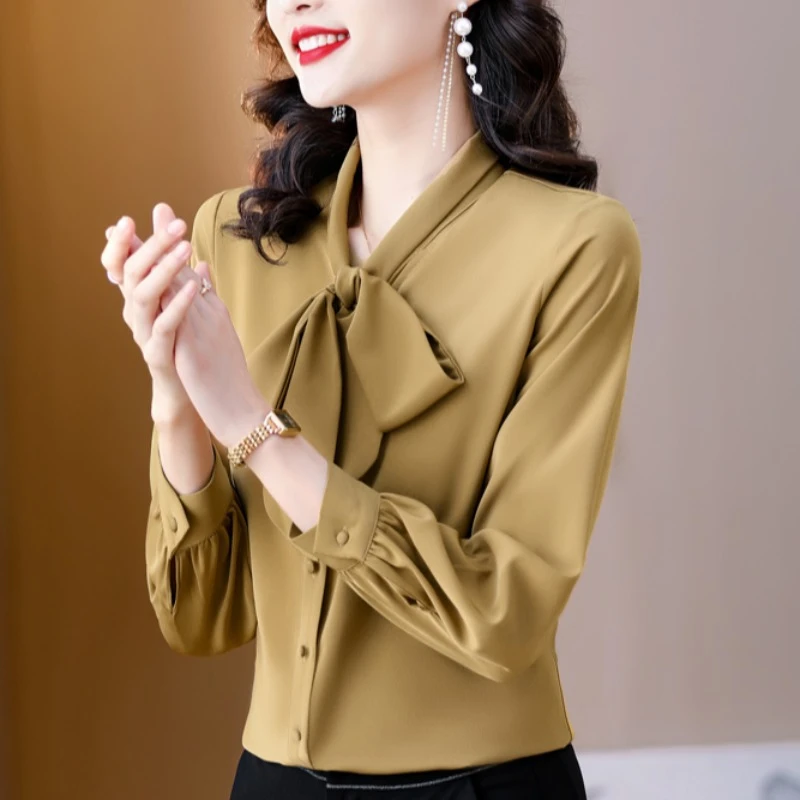 法芬图飘带衬衣女士高端长袖春秋冬款缎面衬衫宽松桑蚕丝打底时尚