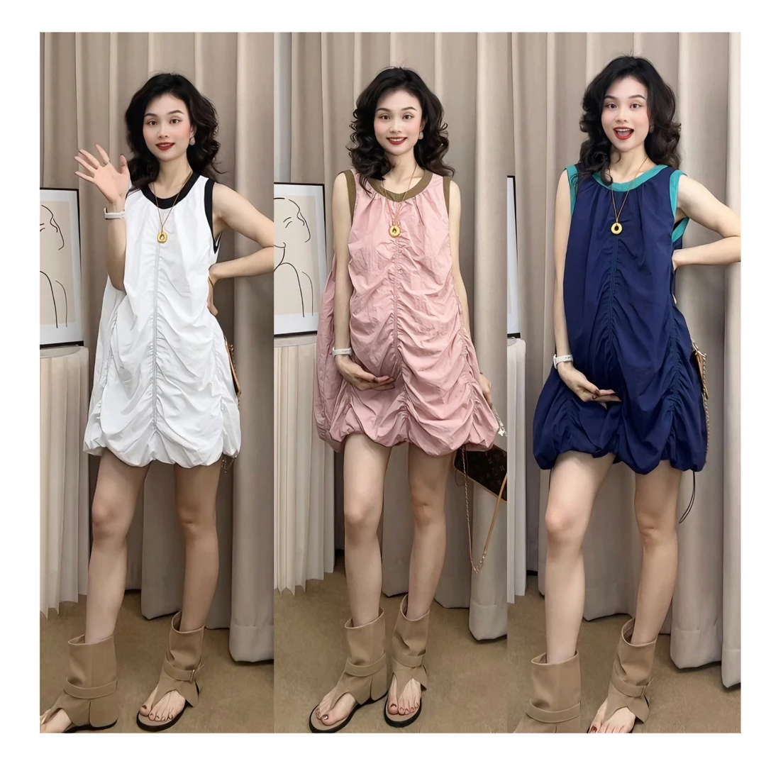 【恬恬】2025孕妇夏季新款无袖撞色背心连衣裙减龄褶皱设计#5001