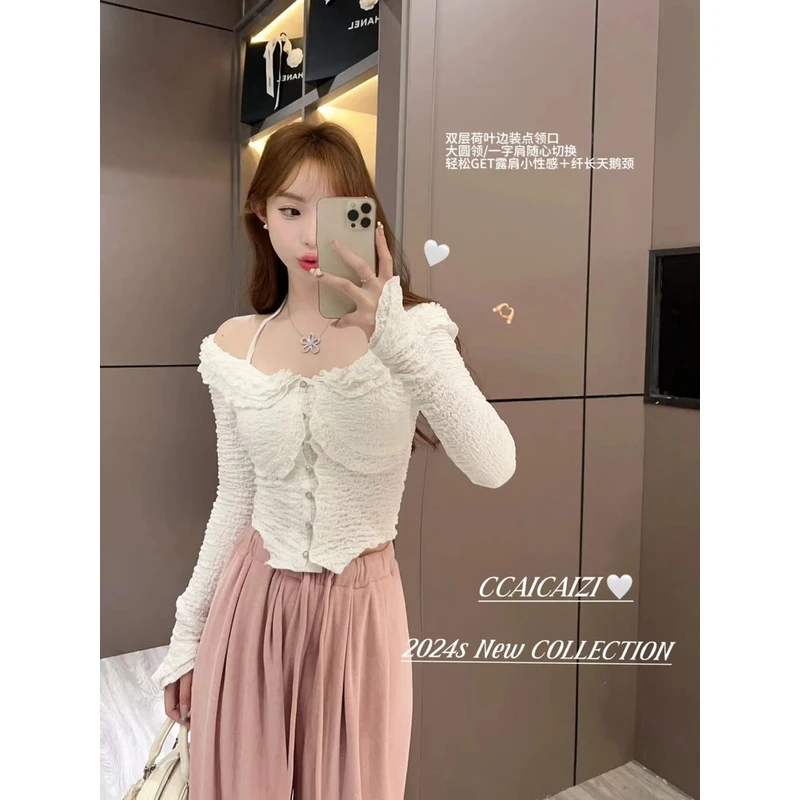 [no退no换]【芭蕾少女】纯欲风荷叶边挂脖一字肩长袖蕾丝上衣23022