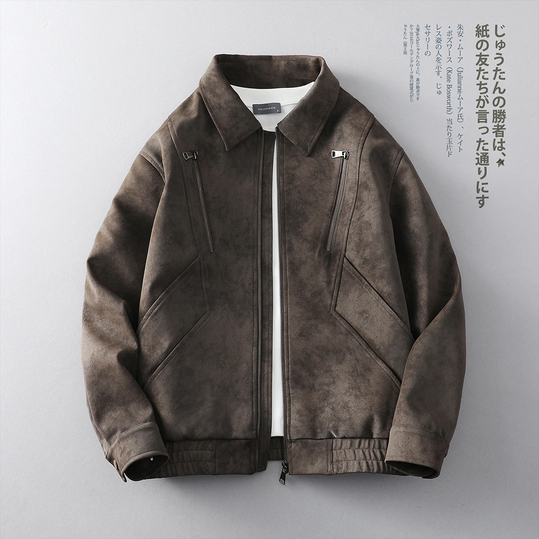 秋季高级感翻领美式皮衣时尚帅气休闲皮外套男机车服皮夹克老钱风