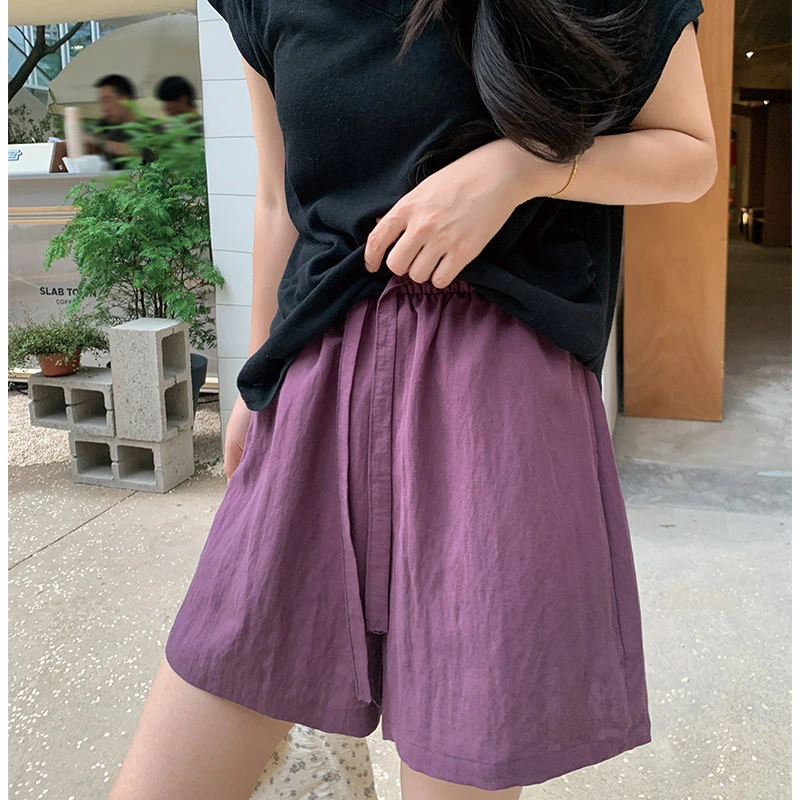 日系紫色天丝亚麻短裤女夏季薄款宽松小个子a字五分休闲阔腿中裤
