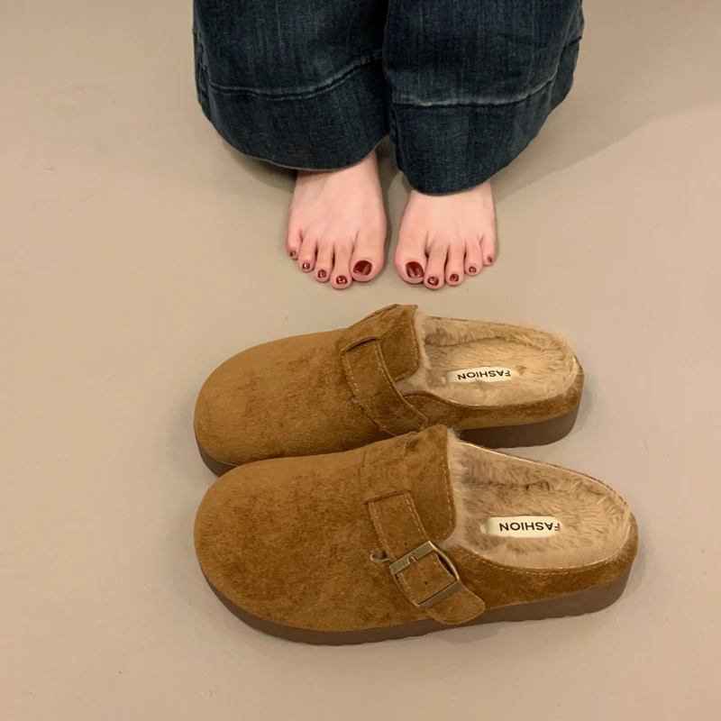 女款孕妇勃肯懒人鞋包头半拖鞋外穿2025新款秋冬加绒一脚蹬棉拖鞋